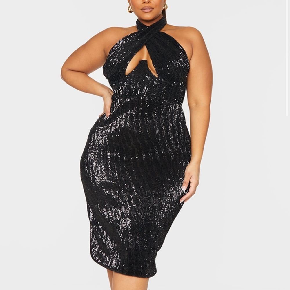 Plus Black Sequin Cross Over Halterneck Underbust Detail Midi Dress | 26
